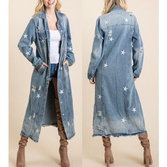 Jackets & Blazers - SOLD OUT Plus Star Distressed Long Denim Jean Jacket Coat